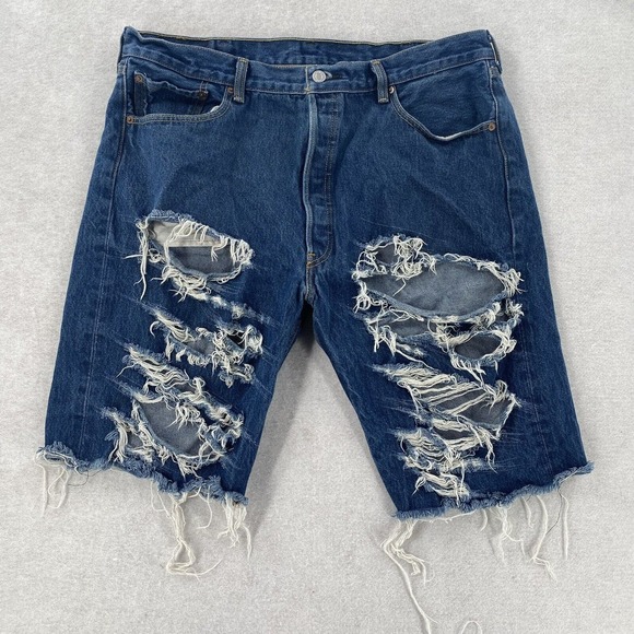 Vintage Levi's 501 Distressed Ripped Blue Cutoff Denim Shorts Button Fly Mens 40 - Picture 1 of 14